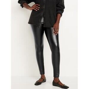 Old Navy High-Rise Faux Leather Leggings Womens L Tall Black Pull On Stretch NEW